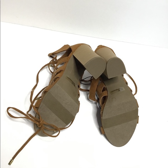 Cognac peep toe suede Strappy fringe block heels 7 - Picture 5 of 5